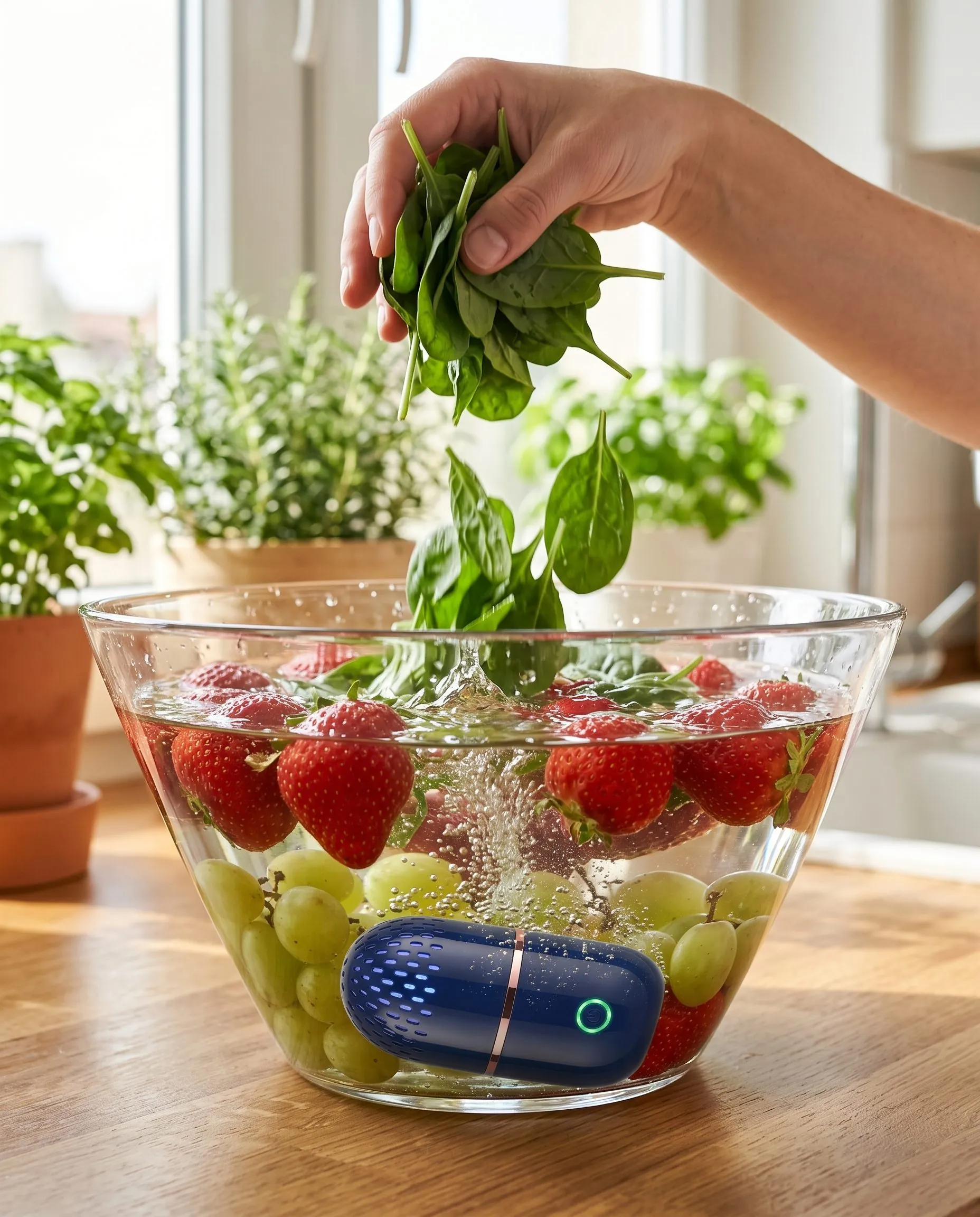 PodBloom in a bowl of water with fresh produce on a kitchen island